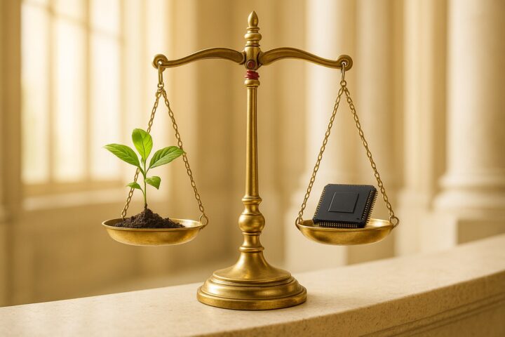 Brass scales of justice in warm daylight weighing a green sapling against a black computer chip, marble courthouse columns behind