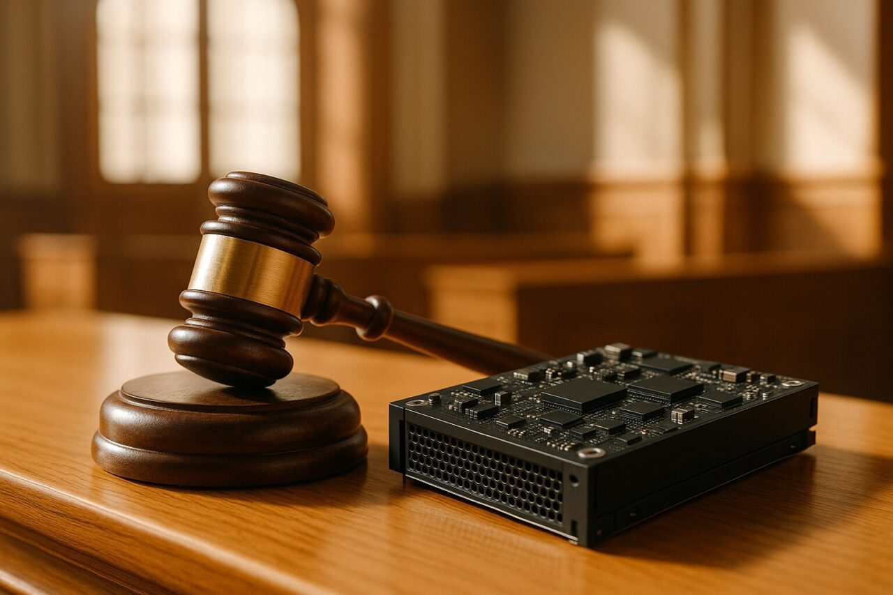 A wooden judge's gavel beside a dark AI server circuit board on a courtroom bench in warm daylight