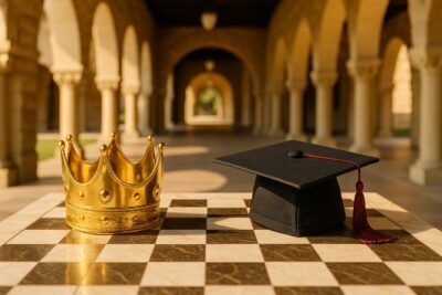 A golden crown and a black graduation cap with a red tassel facing each other on a marble chessboard in a sunlit stone arcade