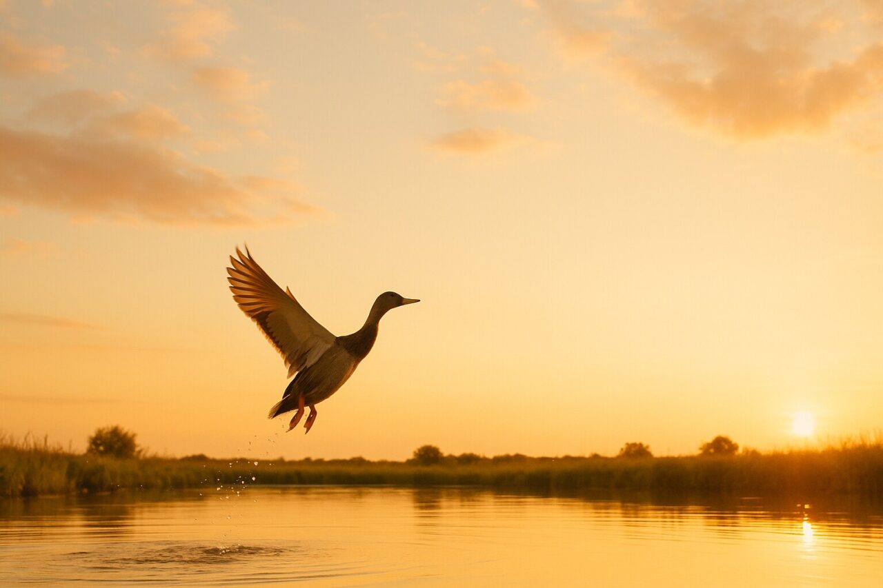 A duck lifting off from a small pond at golden hour, wings spread against a vast warm sky