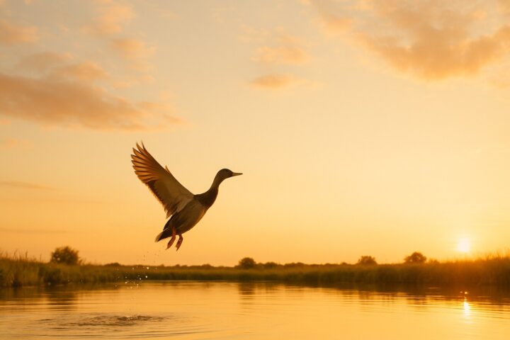 A duck lifting off from a small pond at golden hour, wings spread against a vast warm sky